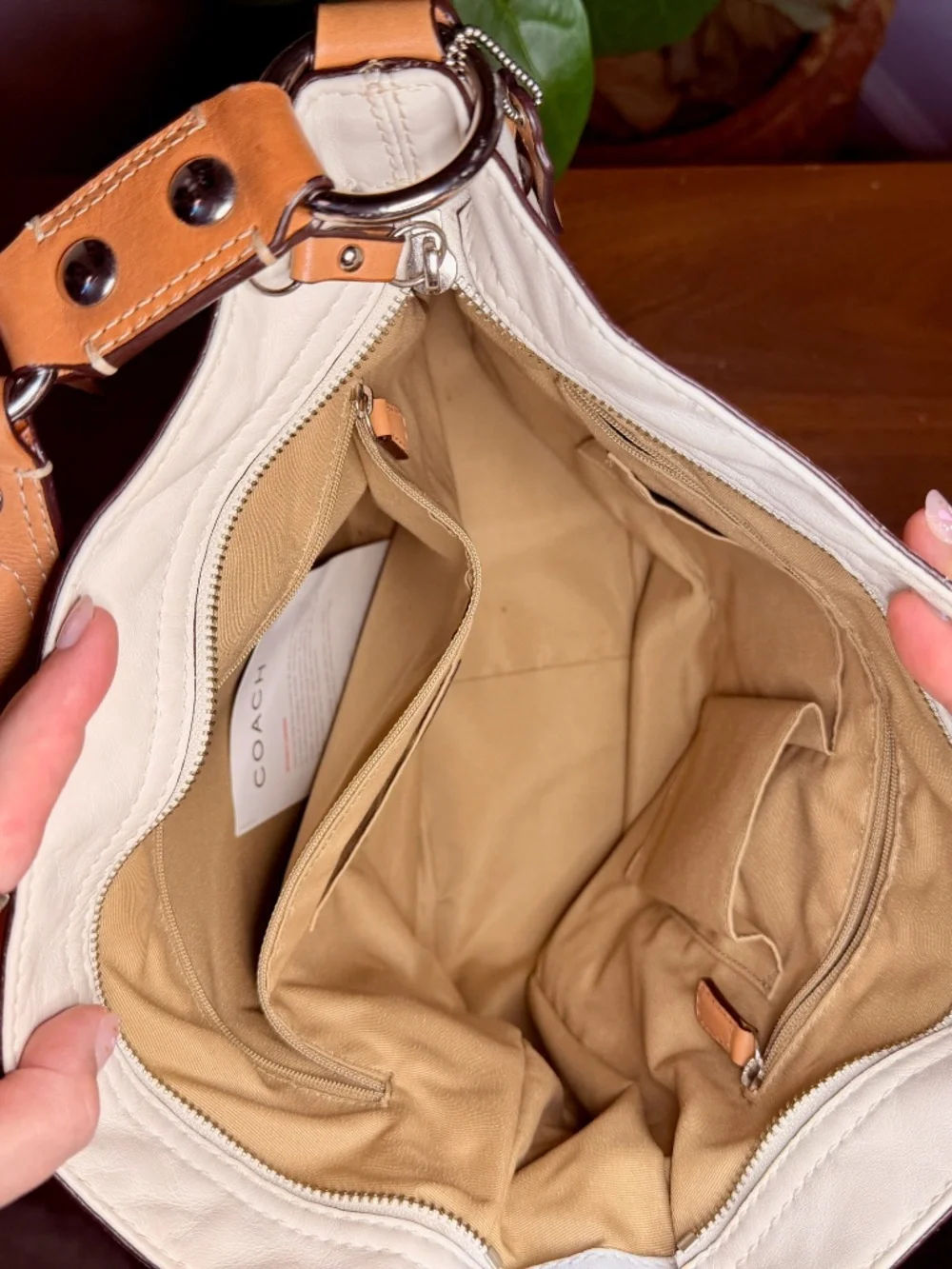 Coach White and Tan Leather Hobo Shoulder Bag